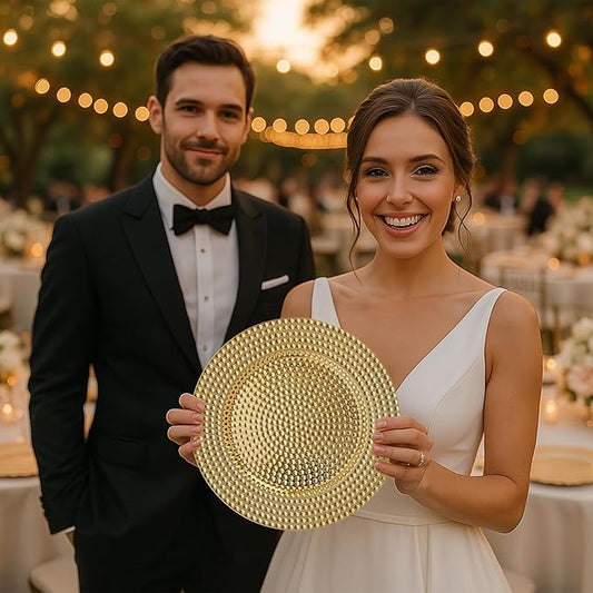 JEVERGN 40 Pack Gold Charger Plates Bulk, 13" Hammered Chargers for Dinner Plates, Gold Plate Chargers Set of 40, Round Plastic Charger for Wedding, Party Event, Dinner, Table Setting