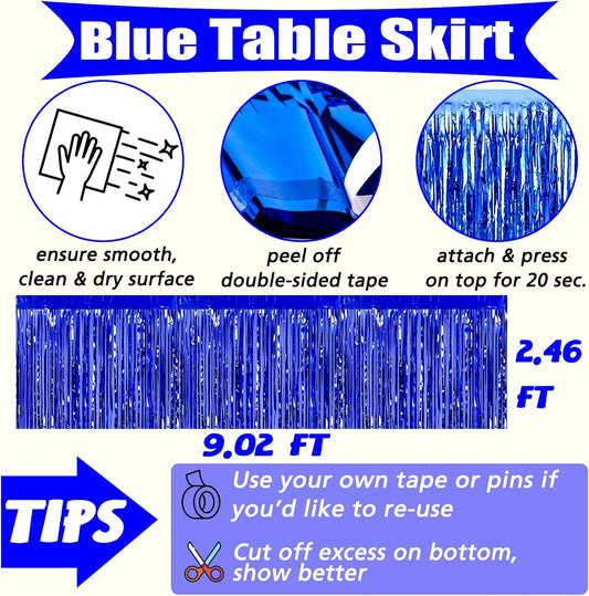 6 Pack 29x108 Inch Blue Metallic Foil Fringe Table Skirts Banner for Tinsel Streamer Garland Curtains Backdrop for Parade Floats Wedding Baby Shower Birthday Christmas Halloween Party Decoration