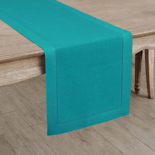 Solino Home Linen Table Runner 60 Inches - 100% Pure Linen Teal Hemstitch Table Runner 14 x 60 Inch Ideal for Dresser and Coffee Tables - Fall, Autumn, Thanksgiving, Christmas - Classic Hemstitch