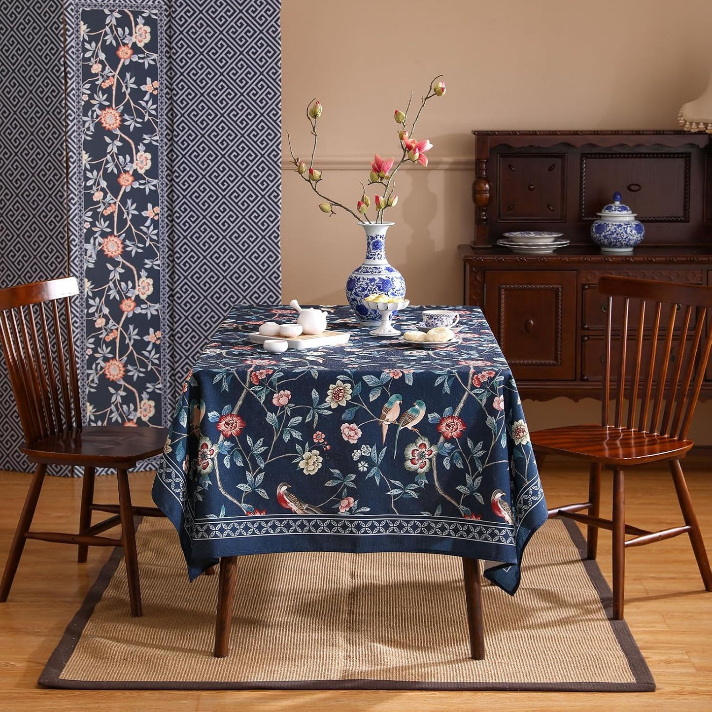 patdrea Designer Dark Blue Linen Rectangle Tablecloth,Vintage Navy French Floral and Birds Pattern Table Cloth,Decoration Table Cover for Kitchen,Dining,Tea Party,Home,Christmas,55"*71"