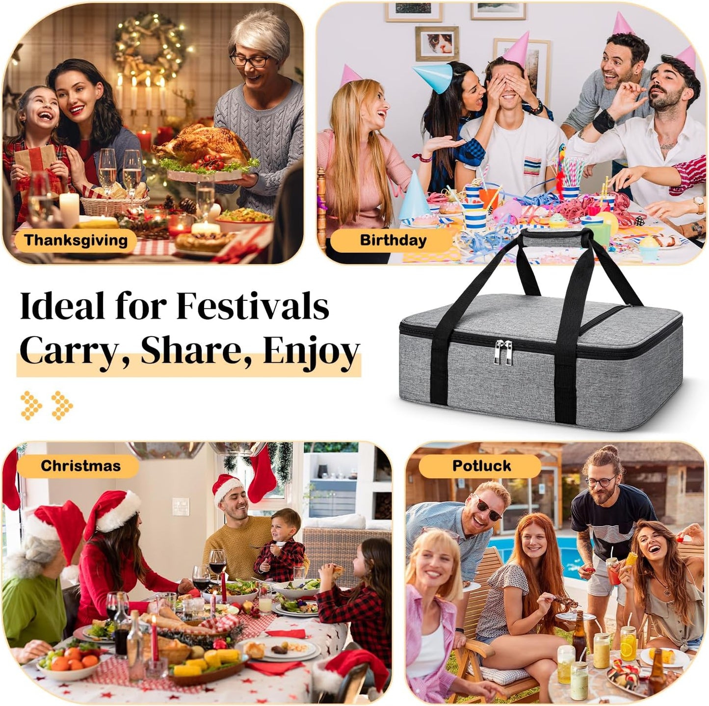 Coobiiya Insulated Casserole Carrier – Portable Tote for Hot or Cold Food, Warmer & Cooler Bag Lunch Bag, Fits 9" x 13" Baking Dish, Ideal for Potluck Parties – Grey