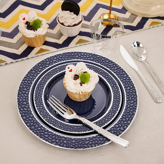 Ciaell 150 PCS Blue and Silver Plastic Plates - Blue Disposable Plate include 50 Plates, 25 Knives, 25 Forks, 25 Spoons, 25 Cups for Weddings & Party