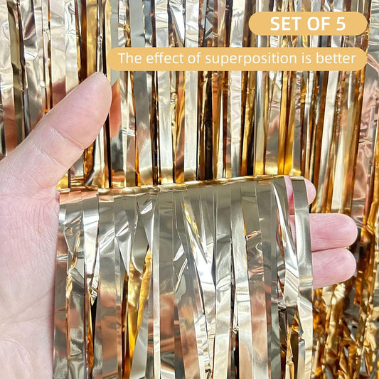 5 Pack Champagne Gold Foil Curtain Backdrop 3.2ft x 9.8ft Metallic Tinsel Foil Fringe Curtains Streamer Photo Booth Backdrop for Birthday Party Engagement Bachelorette Party Decorations