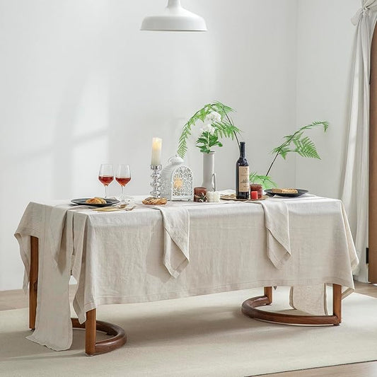 EVERLY Pure Linen Hemstitch Tablecloth,100% Stonewashed French Linen tablecloths for Kitchen Dining Rectangle Tables,60x132Inch Machine Washable Christmas Thanksgiving Organic Tablecloth-Natural Linen