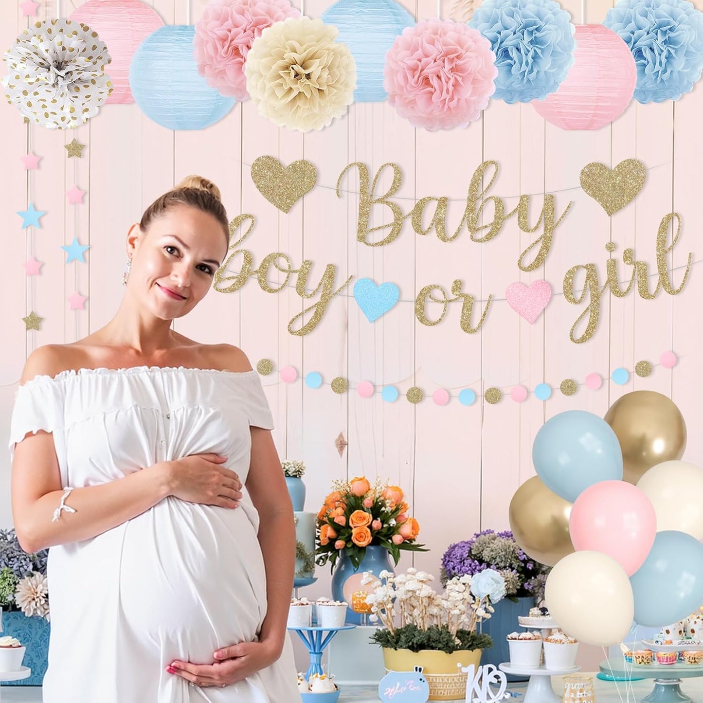 Ouddy Party Baby Gender Reveal Decorations, Pink Blue Sand White Balloons Glitter Boy or Girl Banner Moon Star Circle Garland Paper Tassels Lanterns for Boho Gender Reveal Birthday Party Supplies