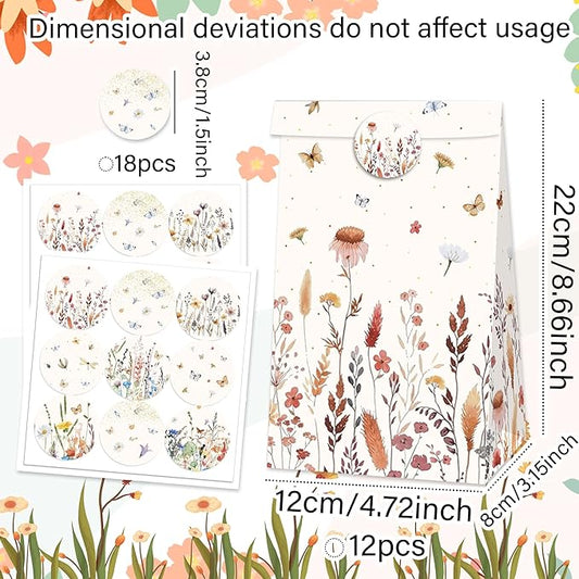 12 PCS Wildflower Party Favor Gift Bags Boho Floral Small Candy Goodie Bags Boxes with Stickers Wildflower Bridal Shower Birthday Wedding Party Supplies