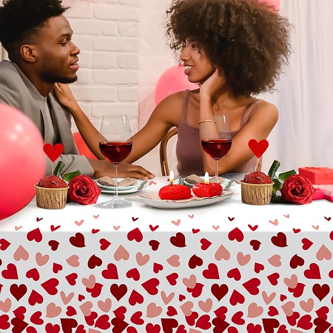 Childom 2 Pcs Valentines Day Tablecloths for Valentines Day Decorations,54" x 108" Disposable Plastic Tablecloths,Rectangle Red Heart Table Cover for Party Decorations Mothers Day Anniversary Birthday