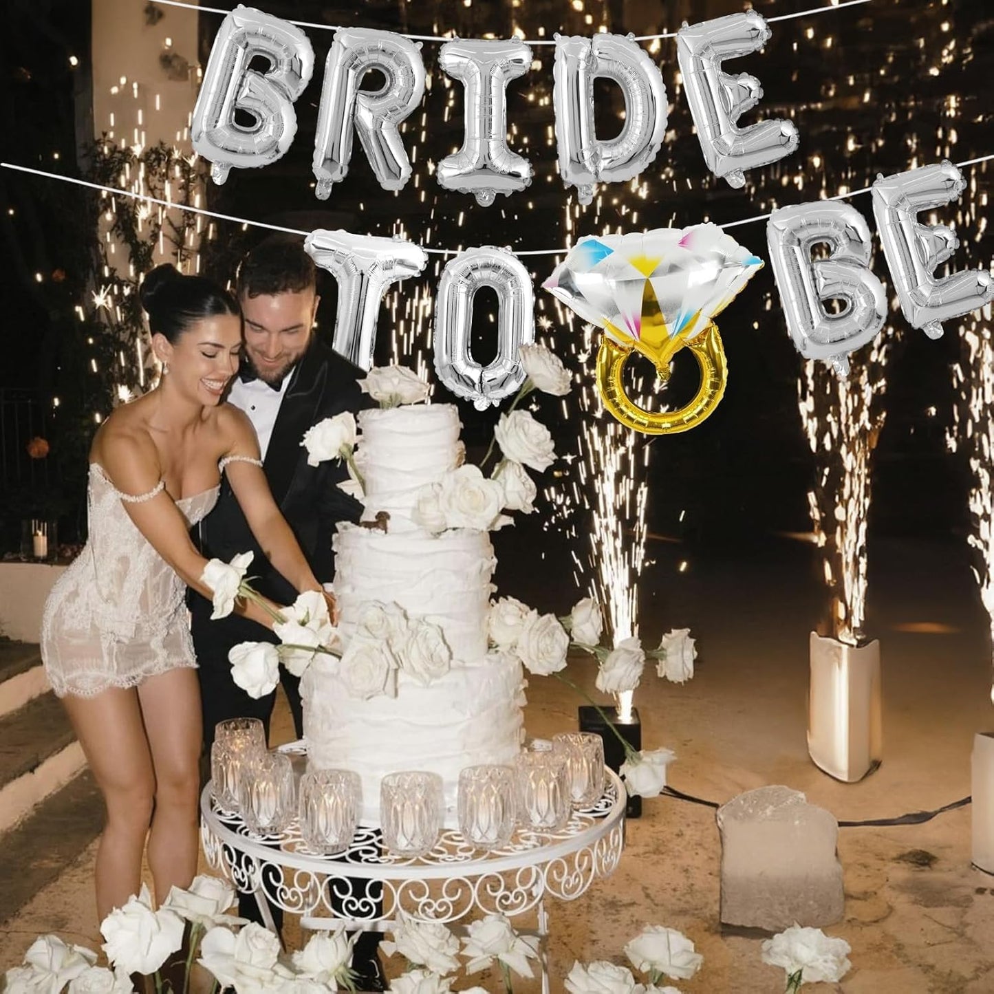 Silver Bachelorette Party Decorations, Bride To Be Bridal Shower Letter Balloons Banner with Engagement Diamond Ring Mylar Foil Balloon for Wedding Photo Booth Hen Night Room Party Decor
