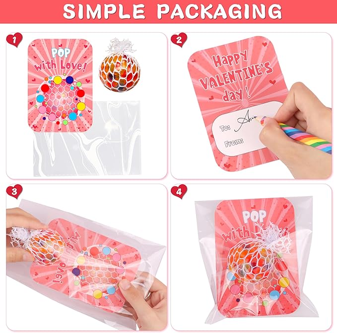 24 Pack Valentines Day Gifts for Kids Classroom Fidget Stress Balls with Valentines Cards Stress Relief Toys Squeeze Ball for Kids Boys Girls School Exchange Cards Gifts Valentines Party Favors Prizes