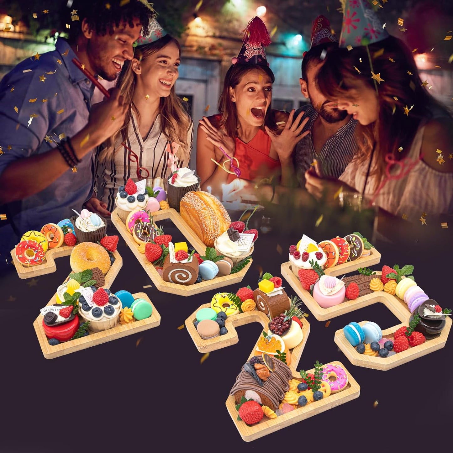 4PCS Wooden Graduation Decorations Number Charcuterie Board Box-(with 14 Balloons) 2025 Charcuterie Numbers Fillable Food Graduation Party Supplies