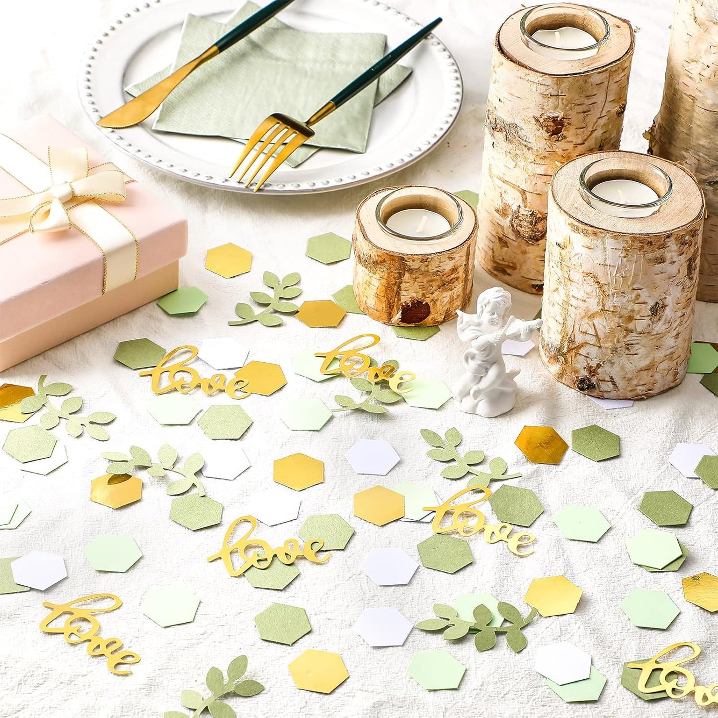 500 Pcs Greenery Wedding Table Confetti, Boho Love Theme Party Sage Green Table Scatter Confetti for Nature Theme Engagement Party Wedding Birthday Shower Party (Gold, Tea Green, Light Green, White)