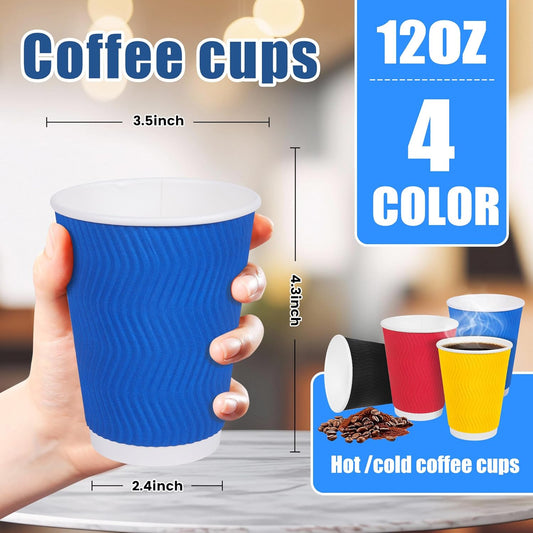 12 oz Coffee Cups 100 Pack, 4-Color Corrugated Paper Cups with Ripple Wall, Insulated for Hot & Cold Drinks, Assorted Colors (Red, Blue, Black, Yellow)