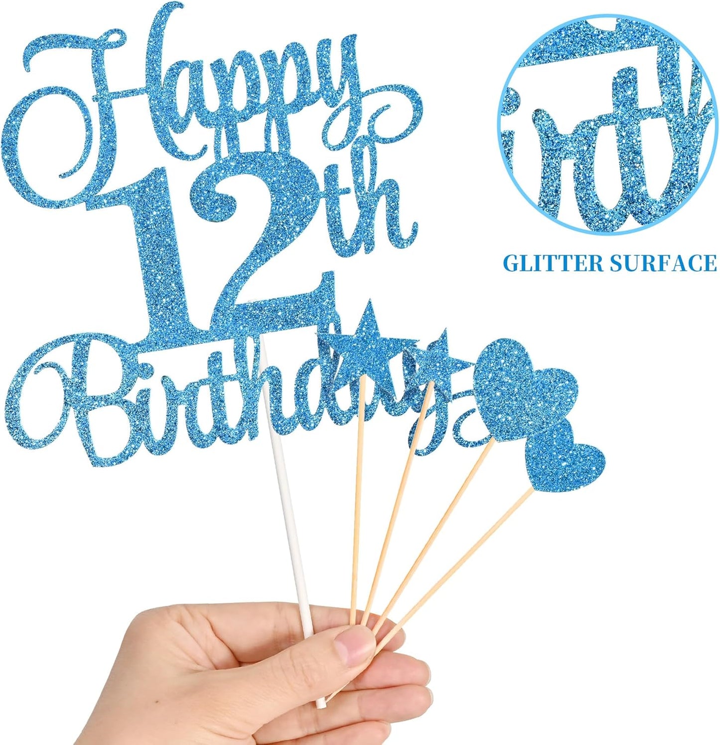 12th Birthday Cake Decorations, 12th Birthday Candles Cake Numeral Candles and Glitter Happy 12th Birthday Cake Toppers Set for Birthday Party Supplies (Blue)