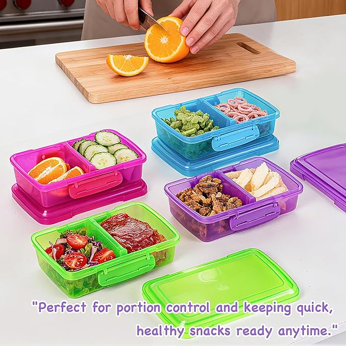 4 Pack Reusable Snack Containers with Lids, 2-Compartment Bento Boxes for Kids, Lightweight & Stackable Food Containers, Dishwasher Safe & Refrigerator Safe (4 Colors)