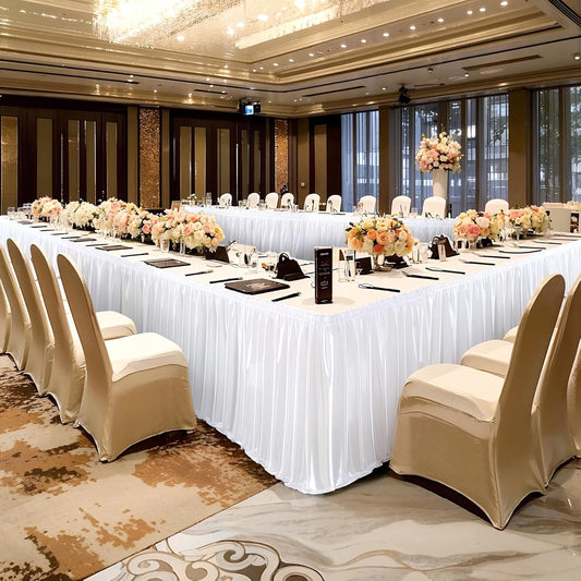 Wish Care 17ft White SatinTable Skirt for Rectangle Tables Wrinkle Free Glitter Long Desk Skirts Pleated Ruffle Table Cloth for Wedding Birthday Baby Shower Party Banquet Buffet Cake Table Decoration