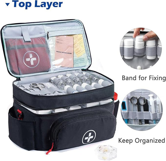 BAGSFY Travel Medicine Bag Organizer with Mini Medication Bag, Double Layers First Aid Kit Empty, Lockable Pill Bottle Organizer for Home, Large Medication Storage, Travel Emergency Carrying Case.