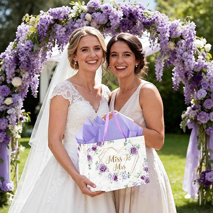 Yomaiha Purple Bridal Shower Gift Bag Wedding Miss to Mrs Gifts Bag with Tissue and Card Bridal Shower Gift Wrapping Paper Bag Floral Boho Wedding Gift Bags Bride Engagement Bachelorette Party Bag