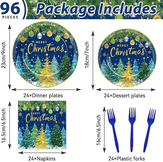 96pcs Christmas Pine Tree Paper Plates and Napkins - Xmas Party Decorations, Dessert Cake Snowflakes, Serves 24