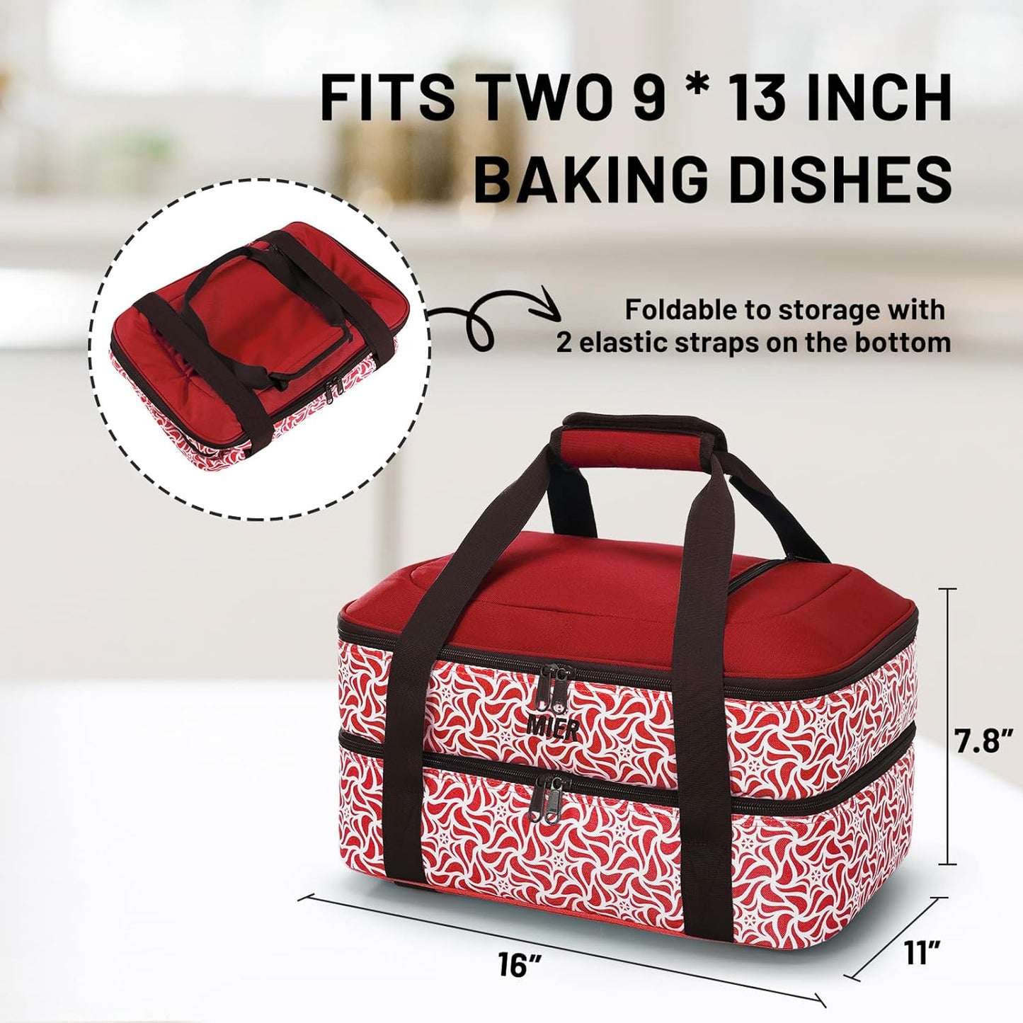 MIER Insulated Casserole Carrier Fits 9"x13" Baking Dishes/Foil Pans, Double Food Carriers Bag Thermal Holder for Hot or Cold Food Lasagna Lugger Potluck Parties Picnic Travel, Red