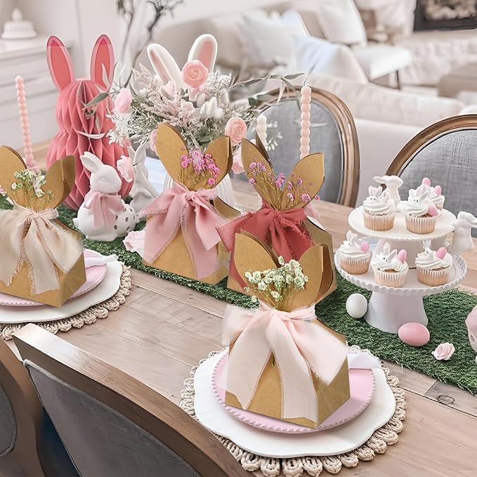 Affrolling 24 Set Boho Bow Easter Bunny Party Favor Bags DIY Bunny Gift Boxes with Neutral Bow Ribbon and Dried Flowers Rustic Paper Rabbit Ears Treat Bags Bulk for Easter Spring (Pink)