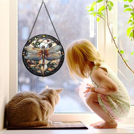 Stained Glass Window Hanging - Dragonfly Plant Suncatcher Ready to Hang Window Doors Home Decoration, Christmas, Mother's Day Birthday Gifts for Women, Men, and Mom 7.8x7.8 in