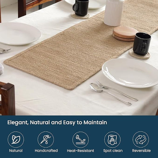 Jute Table Runner 72 Inches – Reversible Woven Burlap Jute Table Runner – Heat Resistant - Handmade Rustic Natural Look Rug for Farmhouse, Boho Dining Table Accessory (14x72)