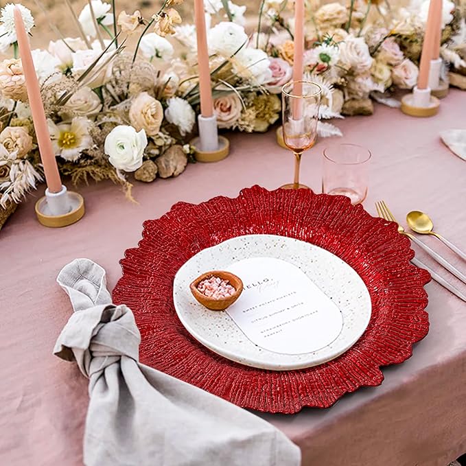 Teruntrue 50 Pcs Red Charger Plates Bulk 13 Inch Plastic Charger Plates for Dinner Plate, Red Chargers for Table Setting, Reef Design Plate Floral Decorative Round Chargers for Wedding Party, Event