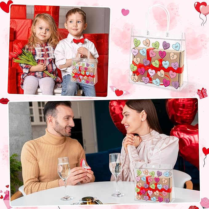 H1vojoxo Valentine's Day Gift Bags - 24PCS Valentine's Day Clear Gift Bags with Handle Clear PVC Valentines Party Favor Bag Plastic Valentine Conversation Heart Candy Treat Goodie Bag for Party Supply