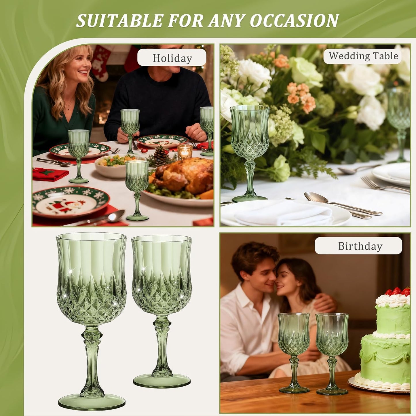 48PCS 7OZ Green Plastic Wine Glasses, Drinking Champagne Glasses Flutes Crystal Vintage Water Unbreakable Goblets for Wedding, Parties
