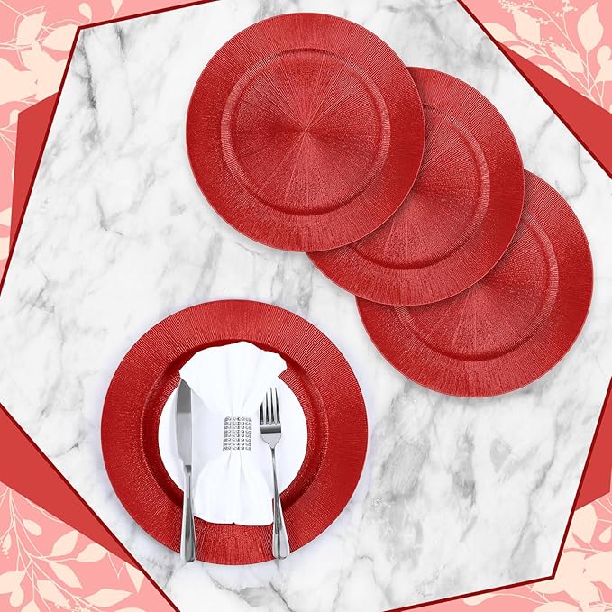 Tanlade 12 Pcs Charger Plates Bulk 13 Inch Plastic Round Wedding Chargers Floral Decorative Plates with Metallic Ruffled Rim for Wedding Party, Holiday Event Supplies(Red)