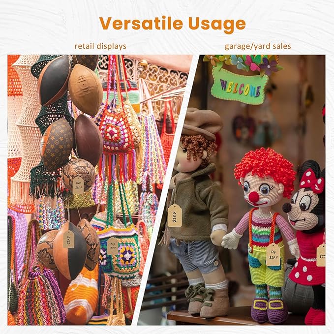 Brown Price Tags with String 1000 PCS, 1.375 x 2.125 Inches, Goefun Kraft Paper Hang Tags for Gift Bags, Hanging, Clothing, Jewelry, Garage/Yard Sale, Inventory, 250 GSM
