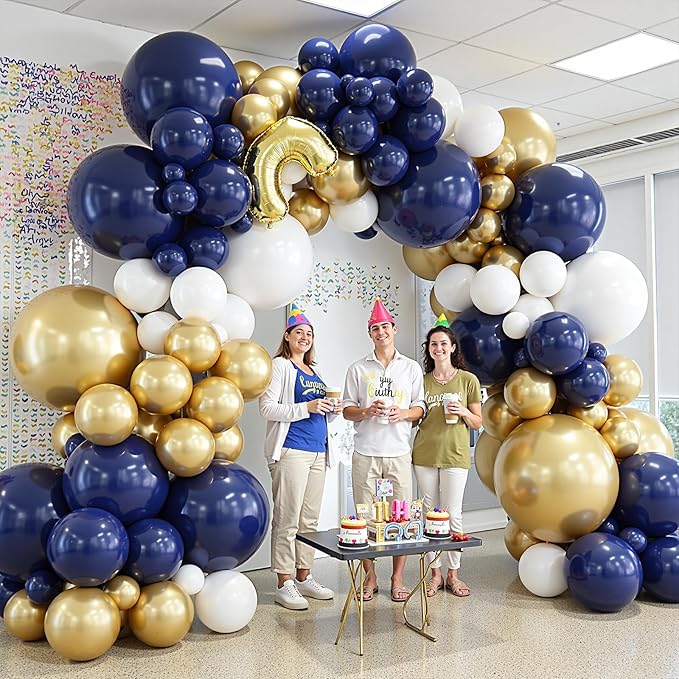 412Pcs Navy Blue and Gold Balloons Arch Garland Kit,5 10 12 18 inch gold and blue balloons for Birthday, Wedding, Graduation, Anniversary Decorations