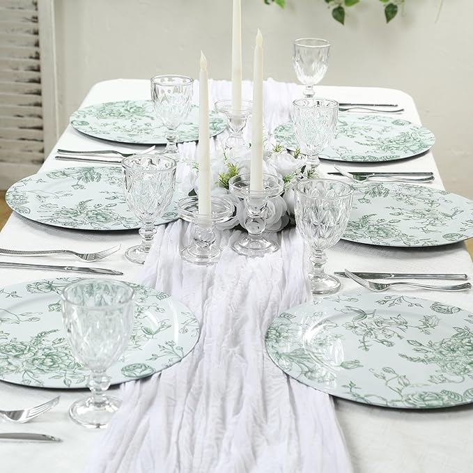 Efavormart 6 Pack Floral Acrylic Charger Plates in French Toile Pattern, White Sage Green Round Dinner Charger Event Tabletop Decor - 13"