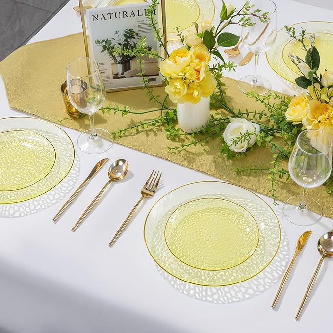Rubtlamp 60Pcs Yellow Gold Plastic Plates, Yellow Disposable Plates With Gold Rim, Clear Heavy-duty Party Supplies, Hammered Plastic Plates Include 30 Dessert Platos, 30 Dinner Platos for Easter