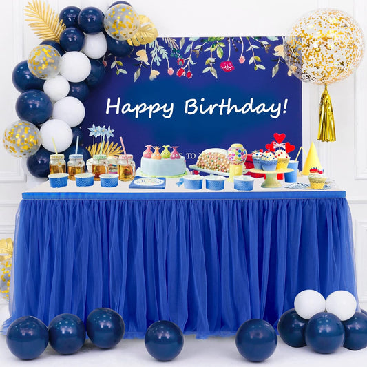 Royal Blue Tulle Table Skirt for Rectangle Tables or Round Tables 14ft Tutu Table Cloth Cover for Baby Shower, Wedding Reception, Bridal Shower, Birthday Party, Graduation, Banquet Decorations