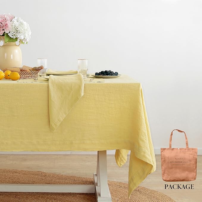 Linen World Vintage Tablecloths 60x108 Inch,100% French Linen Tablecloth,Classic Vintage Washed Table Cloths for Kitchen,Outdoor,Weddings,Decorative Thanksgiving Christmas,Mellow Yellow