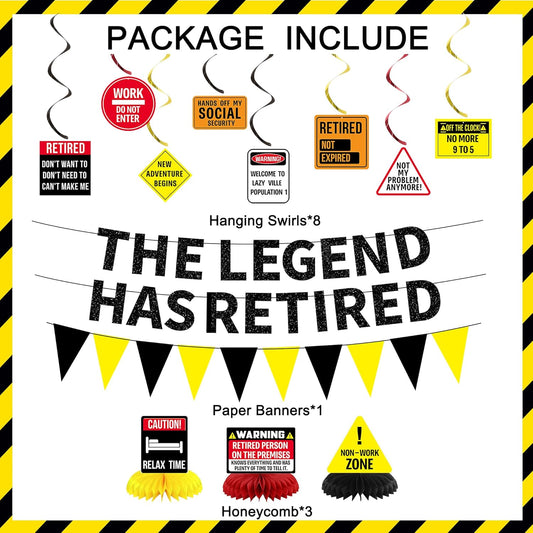 Roetyce Retirement Decorations Men Women, Caution Happy Retirement Banner Hanging Swirls Centerpieces Kit, Funny Legend Retired Party Supplies Backdrop for Coworker Family