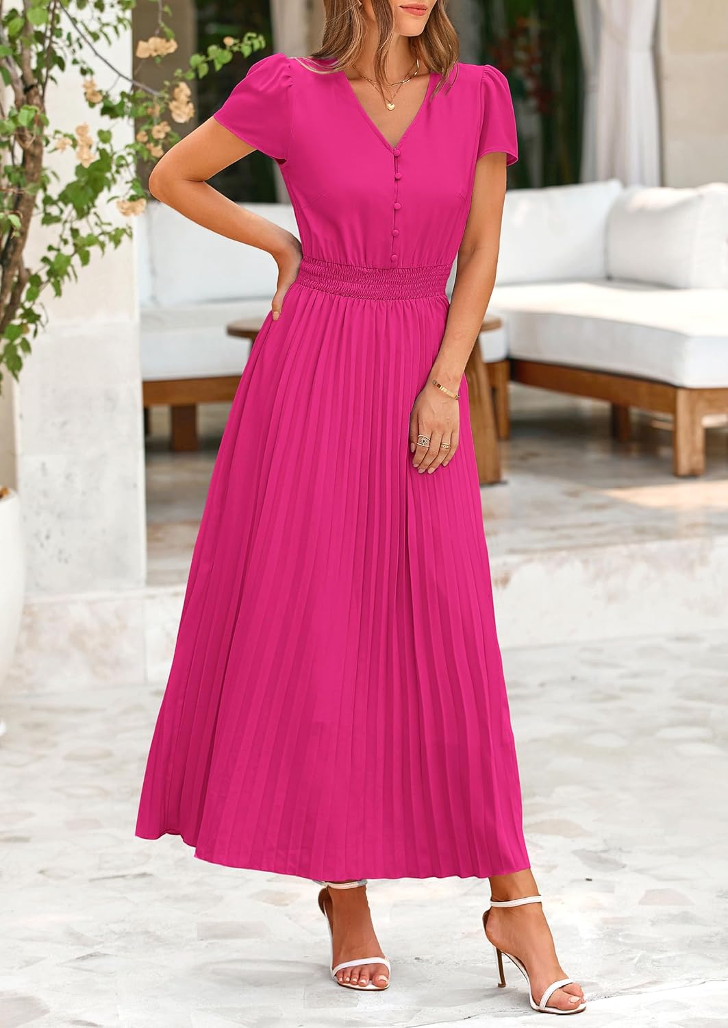 PRETTYGARDEN Women's Maxi Dresses 2025 Summer Trendy Cap Short Sleeve Button V Neck Casual Flowy Pleated Long Dress