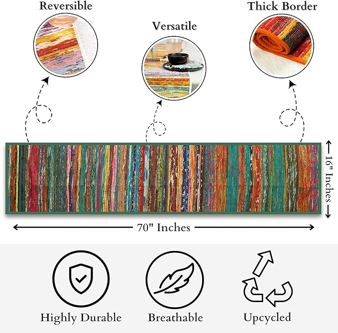 Trade Star Handloomed Table Placemat Reversible Bedside Runner Designed Area Rug Runner Decorative Upcycled Fabric Highly Durable Premium Quality Table Runner (Green)