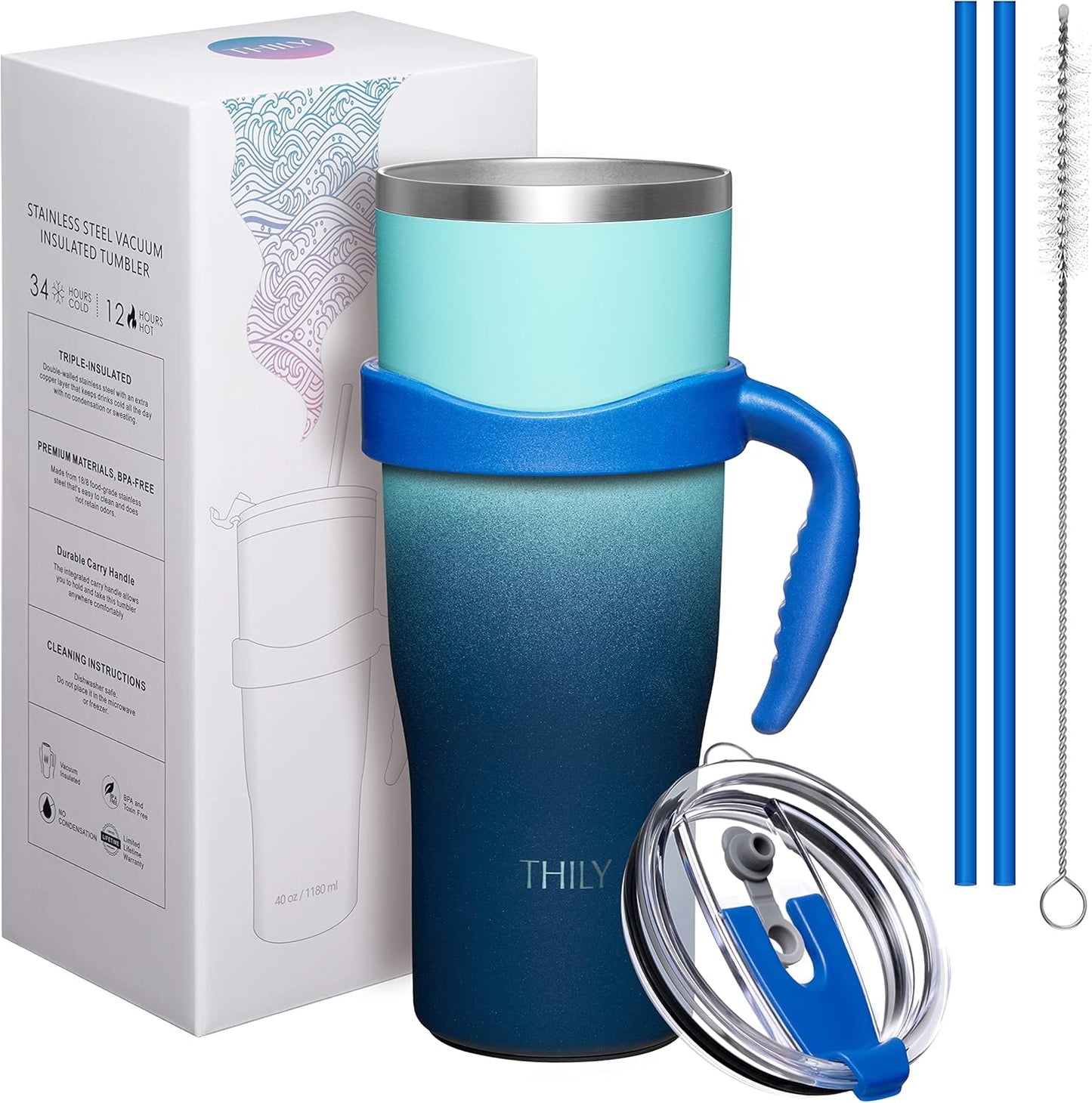 THILY Stainless Steel Vacuum Insulated Tumbler 40 oz Coffee Travel Mug with Handle and Lid, Reusable, Sweat Proof, Keep Drinks Cold for 34 Hours or Hot for 12 Hours, Green & Navy
