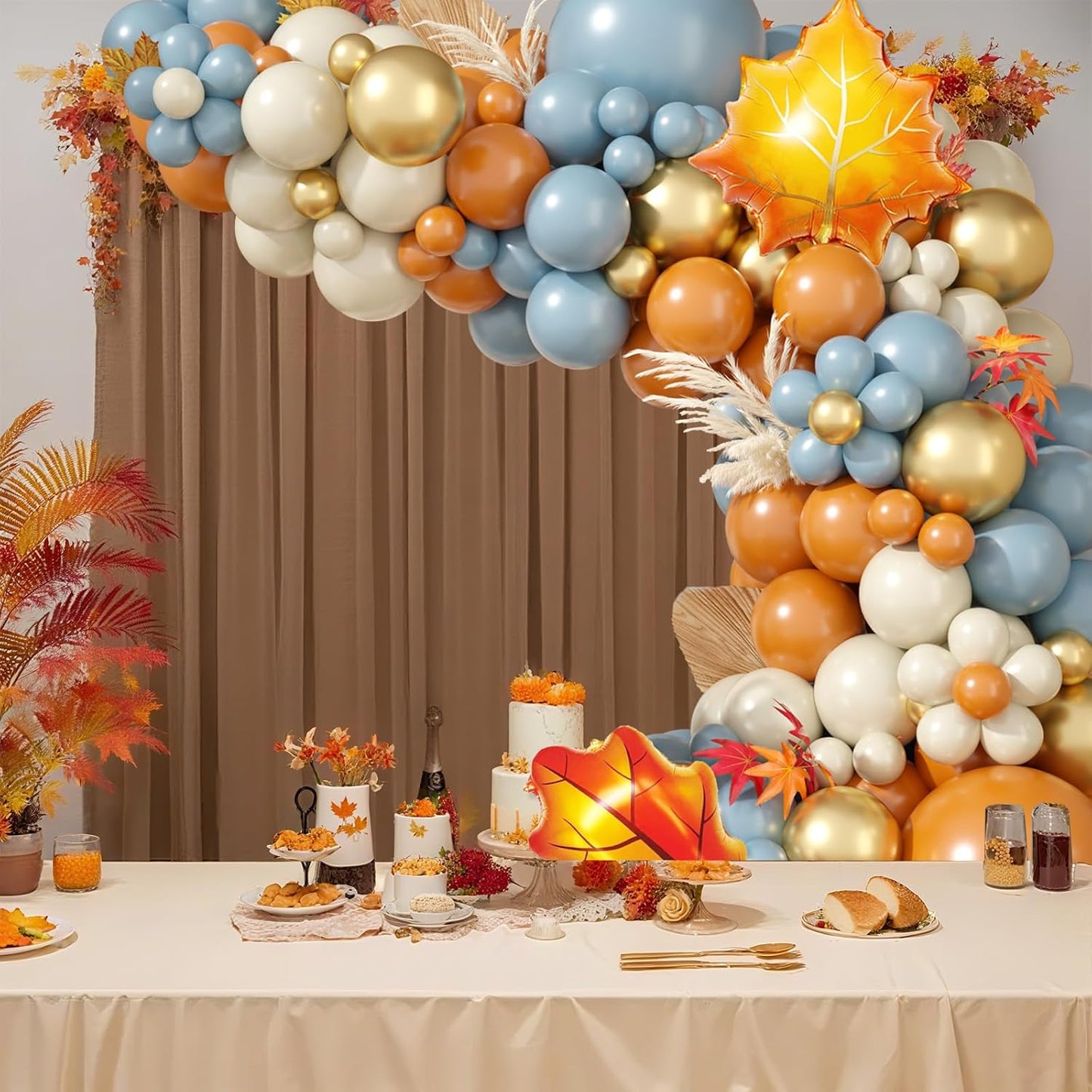 Fall Balloon Garland Arch Kit, Dusty Blue and Retro Orange Gold Confetti Balloons with Leaf Foil Balloons for Thanksgiving Party Autumn Fall Birthday Baby Shower Party Decorations
