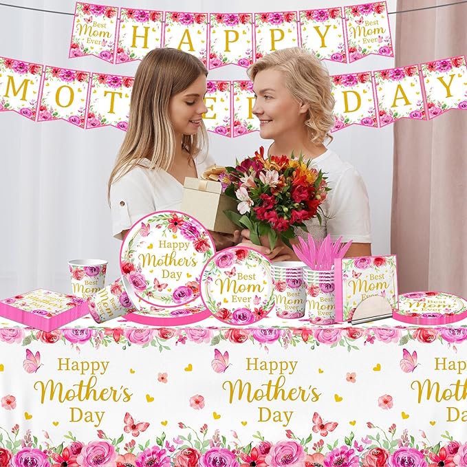 Mothers Day Decorations for Party,170Pcs Mother's Day Tableware Includes Happy Mothers Day Plates and Napkins,Tablecloth,Cups,Forks, Knives,Banner,Best Mom Ever Decoration,Sever 24
