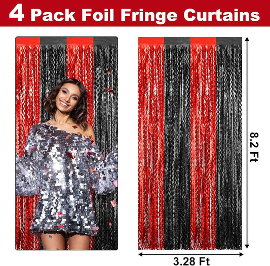 4 Pack Black Red Fringe Curtain Backdrop 3.2Ft x 8.2Ft Metallic Tinsel Foil Fringe Streamers Background for Photo Booth Mother's Day, Easter, Carnival, Birthday, Wedding Party Decoration