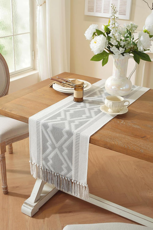 Boho Table Runner , Natural Cotton Woven Gray Runner,for Modern Farmhouse Decor, with Tassels for Home Dining Table Decor 14 x 72 Inch Long