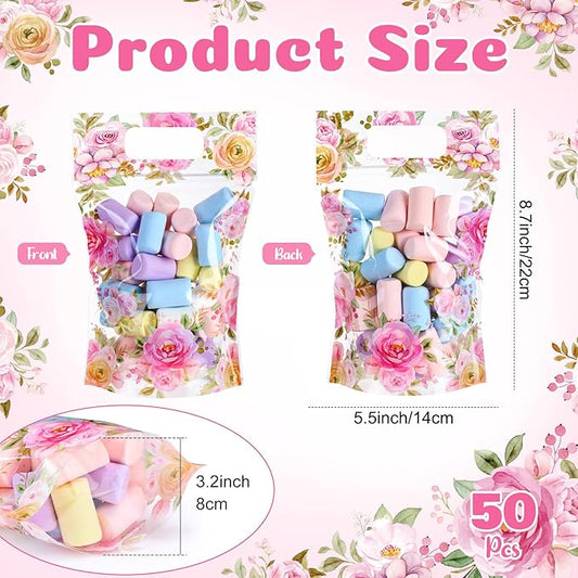 Blosssound 50 Pcs Floral Plastic Bags Clear Flower Baby Shower Bags Pink Flower Baby in Bloom Favor Pouches with Handles for Pink Tea Party Birthday Candy Gift Wrapping Supplies Decoration (Floral)