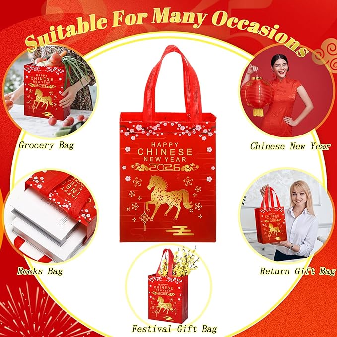 Supervitae 24 Pcs Chinese New Year 2026 Gift Bags with Handle Horse Lunar New Year Gift Bag Spring Festival Red Goodie Treat Party Supplies for Family Neighbor Friend Party Decor(9.8" x 7.9" x 3.9")