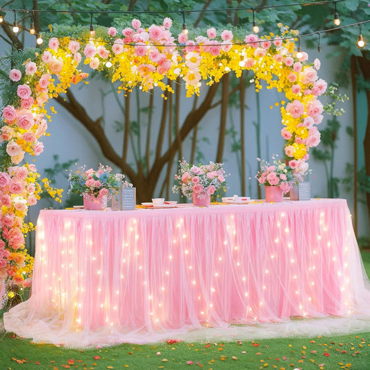 17FT Pink Tulle Table Skirt for Rectangle or Round Tables, Pink Tutu Table Skirt with LED Lights for Princess Girl Birthday Party Baby Shower Gender Reveal Wedding Banquet Cake Dessert Decorations