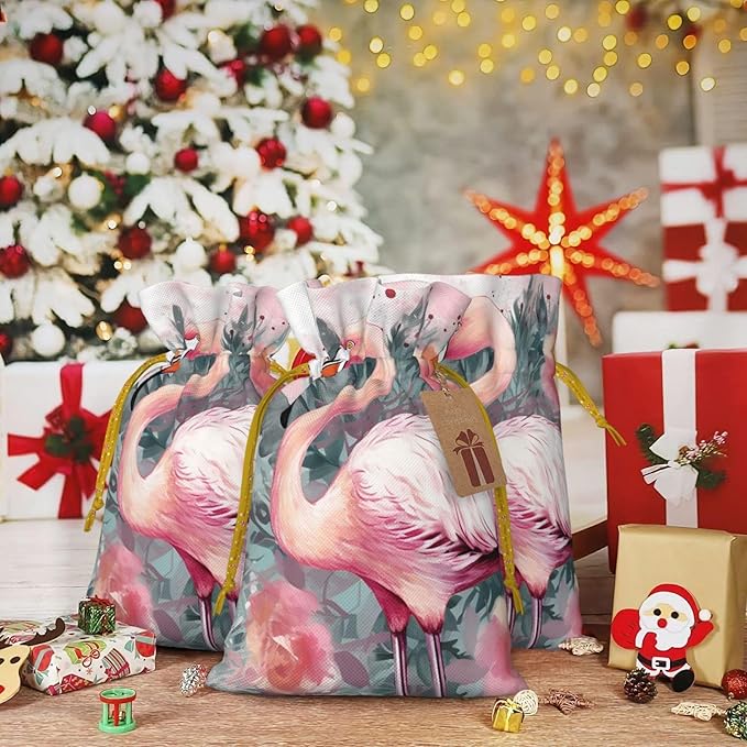 QSMJKLD Drawstring Christmas Gift Bags Vintage Boho Flamingo Florals Gift Bag Burlap Xmas Candy Pouch Reusable Christmas Wrapping Bag Xmas Party Favor Bags for Holiday Wrapping Presents Medium