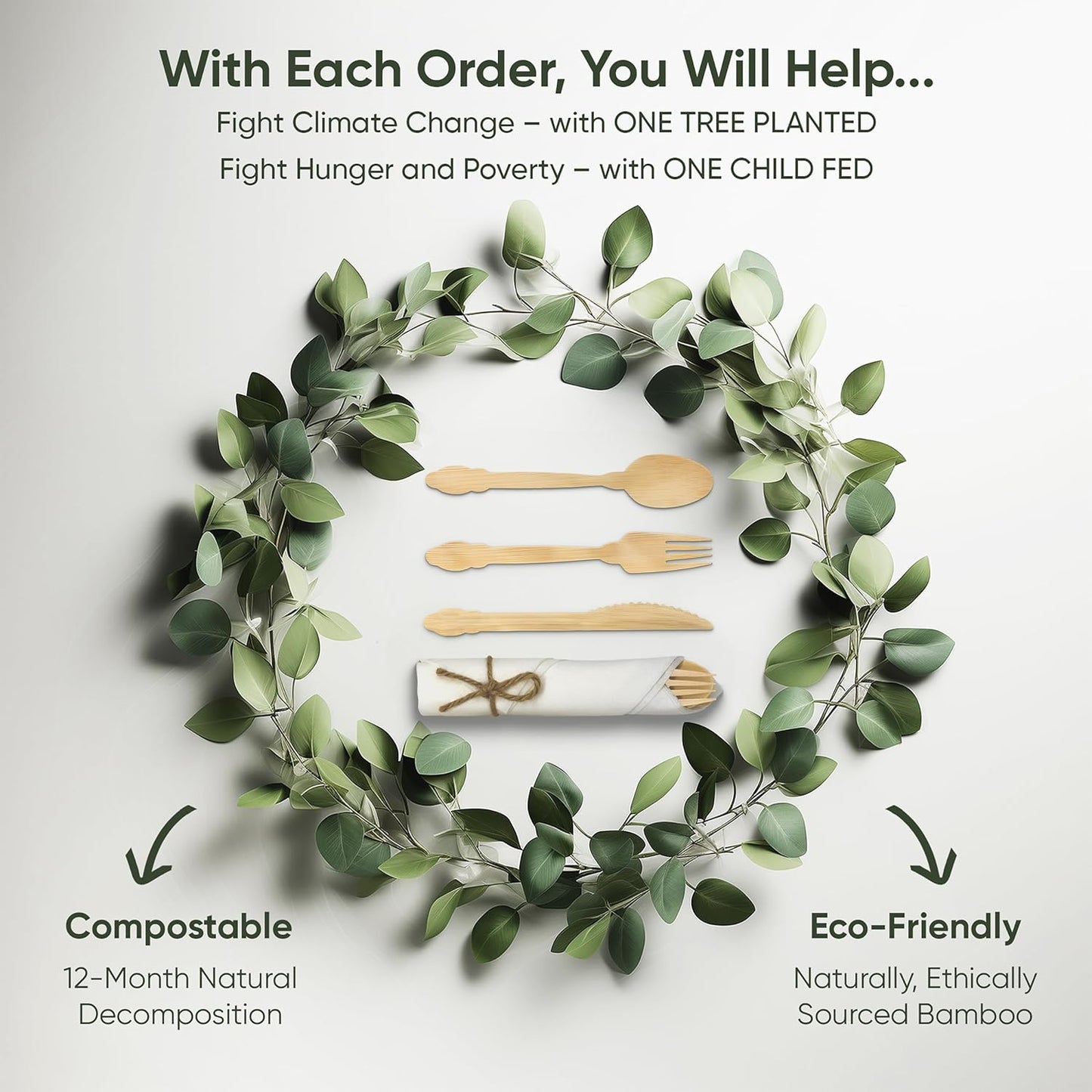 Luxury Pre-Rolled Napkin and Bamboo Cutlery Set (50 Pack, 200 PCS) 100% Biodegradable, Eco-Friendly, Disposable Wrapped Cutlery - Includes Pre-Wrapped Bamboo Forks, Knives, Spoons, & Napkins