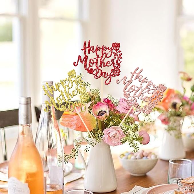 12 PCS Happy Mother's Day Centerpiece Sticks Double Sided Glitter Rose Love Best Mom Centerpieces for Happy Mother's Day Theme Table Flower Decorations Women Birthday Party Supplies Colorful
